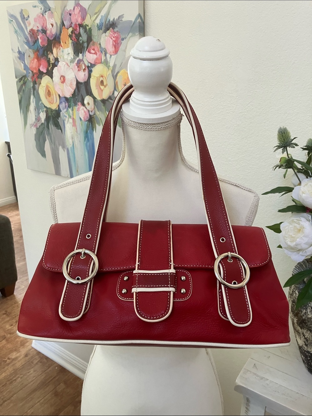 Y2k Vintage Apostrophe Red Genuine Leather Shoulder Bag with White Trim